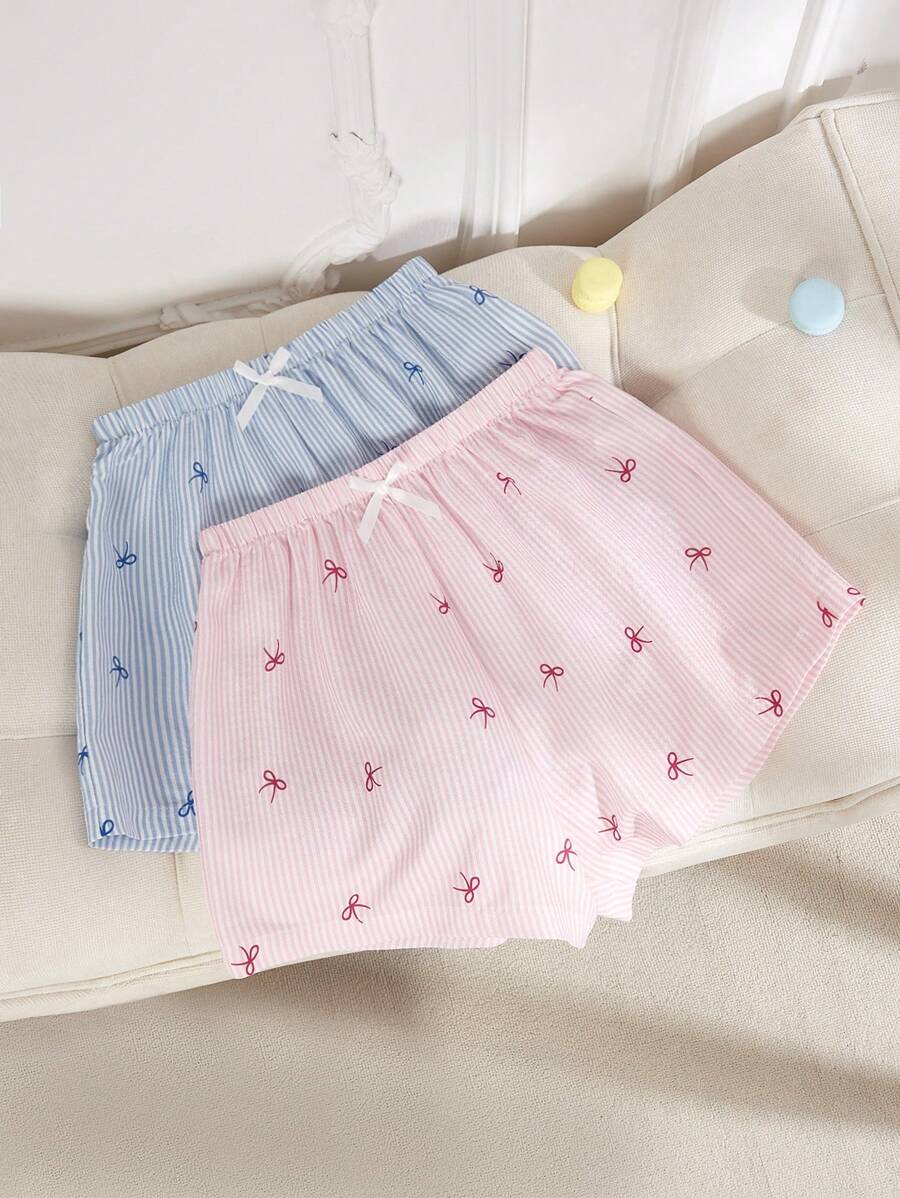 SHEIN 2pcs Set: Ribbon Printed Striped Shorts Pajamas Bottoms Sleep Shorts Bow Tie  Cozy And Elegant Details - Multicolor - View 1