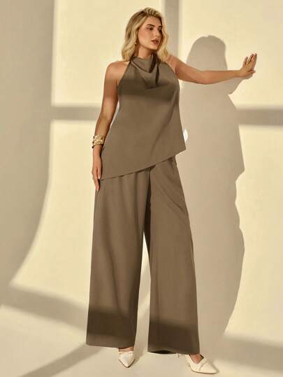 Auralis Conjunto de 2 piezas de blusa de cuello alto y sin mangas en unicolor con pantalón ancho y suelto, conjunto de 2 piezas para vacaciones, atuendo para mujer de talla grande para verano, vestido de Pascua, atuendo casual de negocios para mujer, ropa de oficina para mujer, ropa de iglesia para mujer, atuendo para brunch para mujer, estilo de dinero antiguo para mujer, ropa de crucero para mujer, atuendo de playa de vacaciones para mujer, conjunto de aeropuerto para mujer