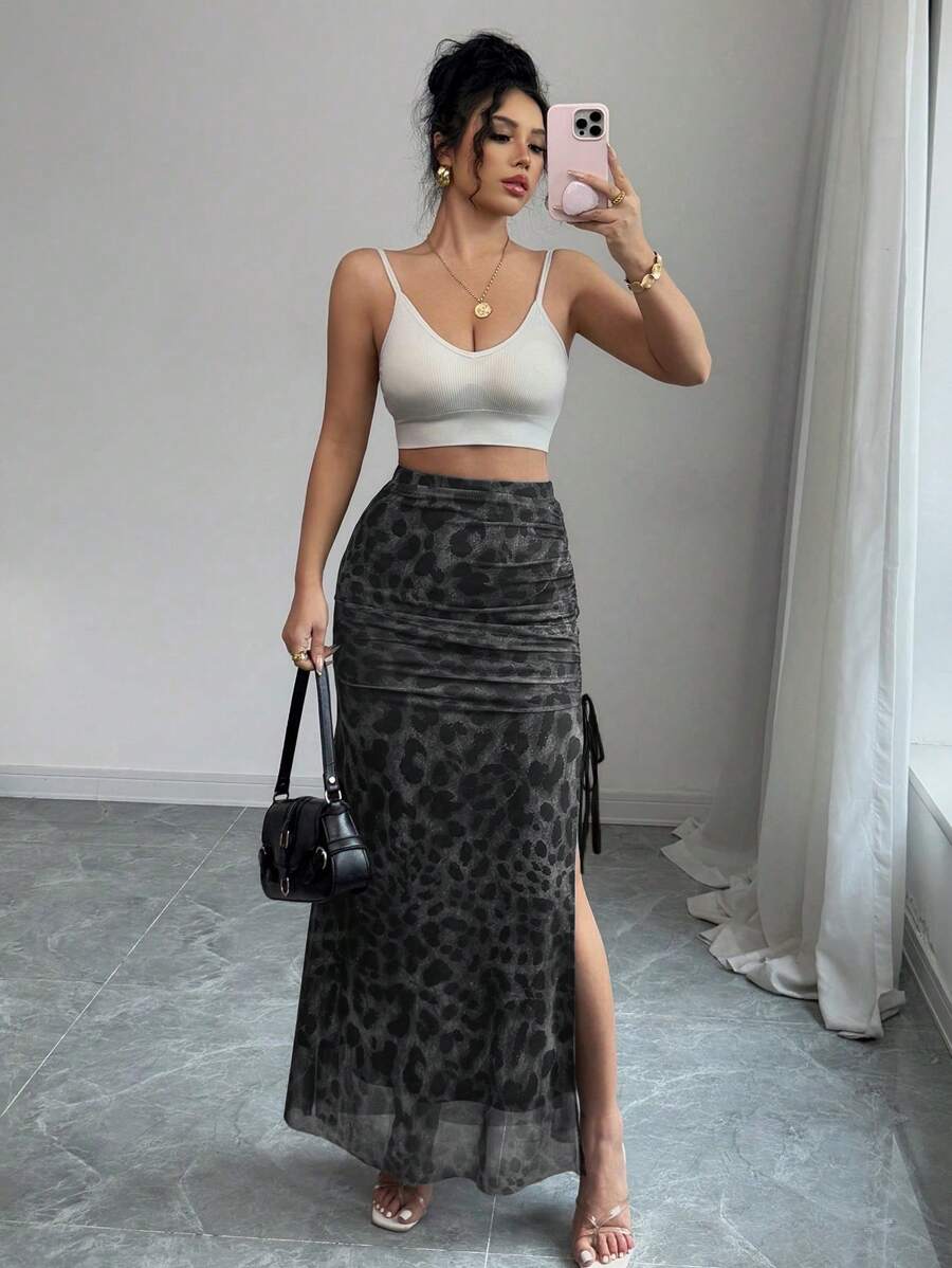 Rafferiza 女士网眼豹纹抽绳开衩优雅半身裙 - 灰色 - 查看 1