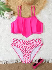 2025 New Girls' Printed Ruffled Trim Tankini Set Bikini, Beach & Pool Swimwear - Hot Pink - View 1