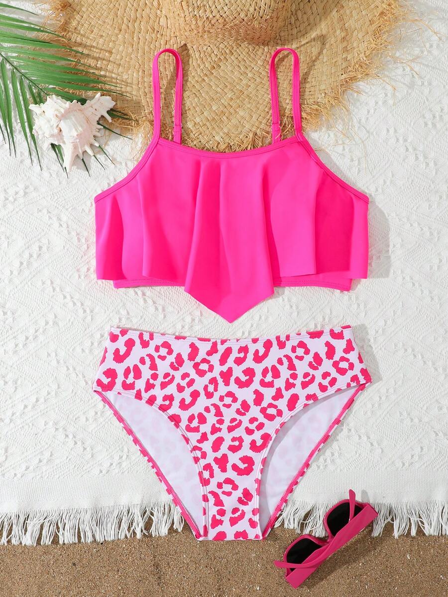 2025 New Girls' Printed Ruffled Trim Tankini Set Bikini, Beach & Pool Swimwear - Hot Pink - View 1