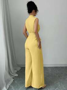Elenzga Tuta elegante con collo alto, in vita stretta, con smanicato, decorata con perle, color albicocca, adatta come abbigliamento da donna per concerti, eventi eleganti, cerimonie, e per uso quotidiano e pendolarismo, comoda, con gamba ampia, adatta per le stagioni primavera, estate, autunno, inverno