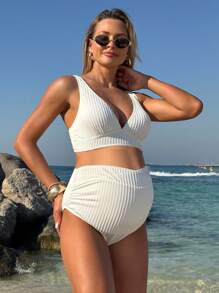 SHEIN Pregnant Women Solid Color V-Neck Bikini Set, Suitable For Summer Beach Vacation - White - View 3