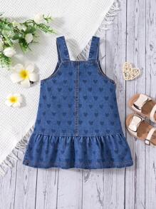 Baby Girl Heart Print Ruffle Hem Strap Denim Dress,Aqua Blue,Summer,Cute,Vacation,Fashionable Casual Street Style Heart Embroidery Blue Denim Dress - Blue - View 2