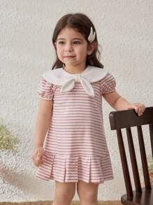 Blossori Baby Girls' Spring/Summer Pink Stripe Color Block Collar Knitted Dress - Multicolor - View 1