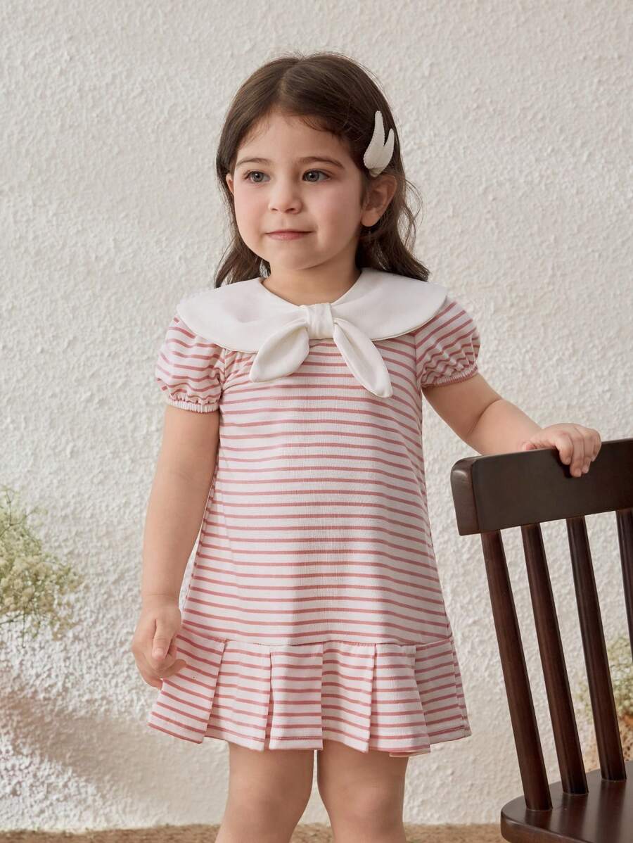 Blossori Baby Girls' Spring/Summer Pink Stripe Color Block Collar Knitted Dress - Multicolor - View 1