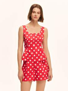 Zielony Top casual de tirantes con cuello cuadrado, cintura ceñida y estampado de lunares para mujer