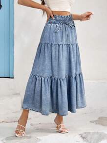 SHEIN VCAY Women's Vacation Casual Washed Denim Skirt