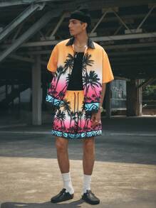 Manfinity NXTstreet 2pcs Set Digital Printing Polo Collar Short Sleeve Top And Drawstring Shorts Men's Shirt Suit,Perfect For Summer Vacations With An INS-Style Vibe. - Pink - View 3
