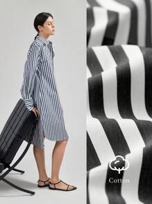 Ontre Long Sleeve Striped Shirt Dress, Casual Mid-Length Shift Dress With Collared Neck, Modern Urban Style, Black & White Stripe, Spring Apparel - Black - View 2