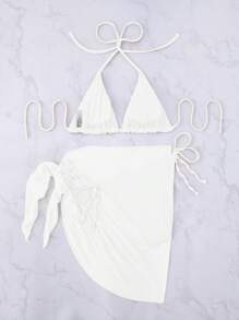 Swim Vcay 3 件套夏季女士海滩装：亮片三角形比基尼上衣、高腰系带三角裤和纯色网眼纱笼