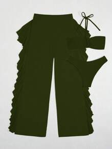 Slaydiva 3pcs/Set New Spring & Summer Green Halter Tie Back Top, Triangle Bikini Bottoms, And Ruffle Hem Mesh Beach Pants Sexy Casual Vacation Party Holiday Swimwear & Beach Outfit For Women