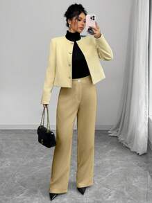 Chiquease بنطلون أبيض نسائي مناسب، ارتداء كاجوال للتنقل، للخريف/الشتاء - بني - مشاهدة 4