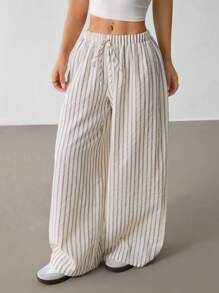 SHEIN PETITE Women's Casual Loose Striped Wide-Leg Pants Baggy - Beige - View 4