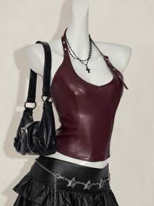 SHEIN ICON Women's Solid Color Minimalist Sleeveless Spaghetti Strap Backless PU Leather Y2K Holiday Party New Year Crop Top, Casual Everyday Wear, Wine Red,Rave Top