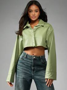 MISSGUIDED Luxury Pu Leather Cropped Collar Shirt Long Sleeve Button-Up Fall Winter Statement Piece Designer Crop Top Modern Fashion Essential Christmas - Green - View 6