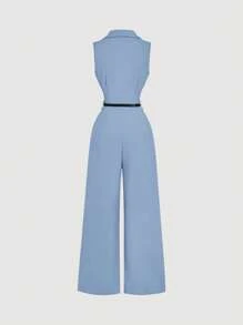 SHEIN MOD 带西装领和腰带的复古棕色连体裤、优雅连体裤、外出连体裤、西式连体裤、度假装 - 藍色 - 查看 2