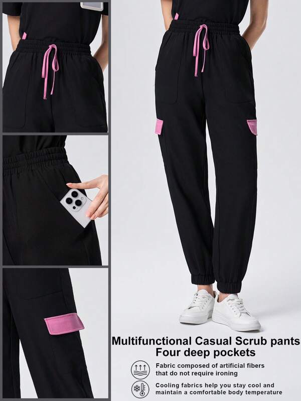 Scrubzie 4-Pocket Drawstring Pants, Contrast Color Fabric Women's Scrub Uniform Scrub Pants