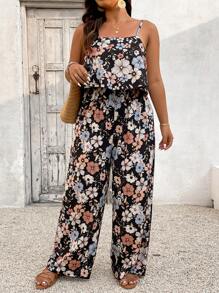 SHEIN VCAY Plus Size Printed Jumpsuit With Adjustable Strap, Fashionable Summer Outfit - Multicolor - View 6