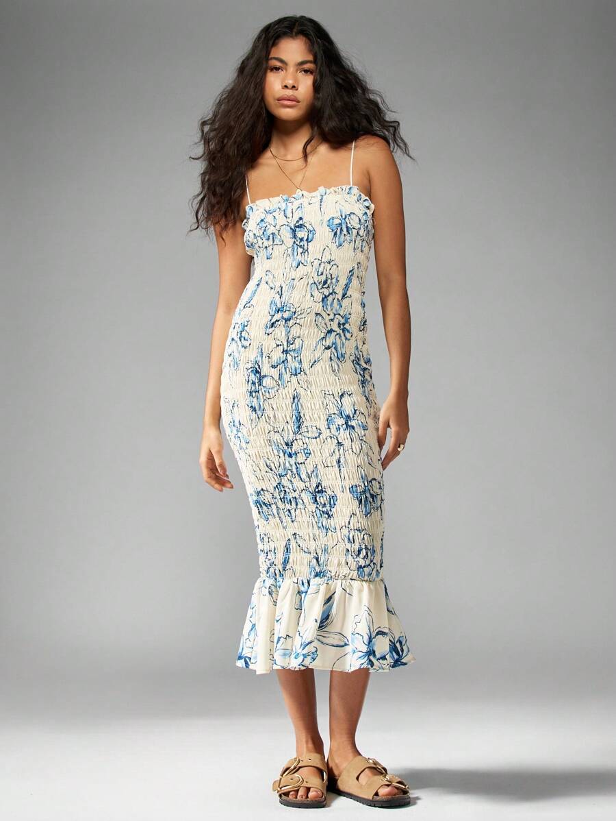 MISSGUIDED Shirred Smocked Floral Bodycon Ruffle Hem Long DressMISSGUIDED