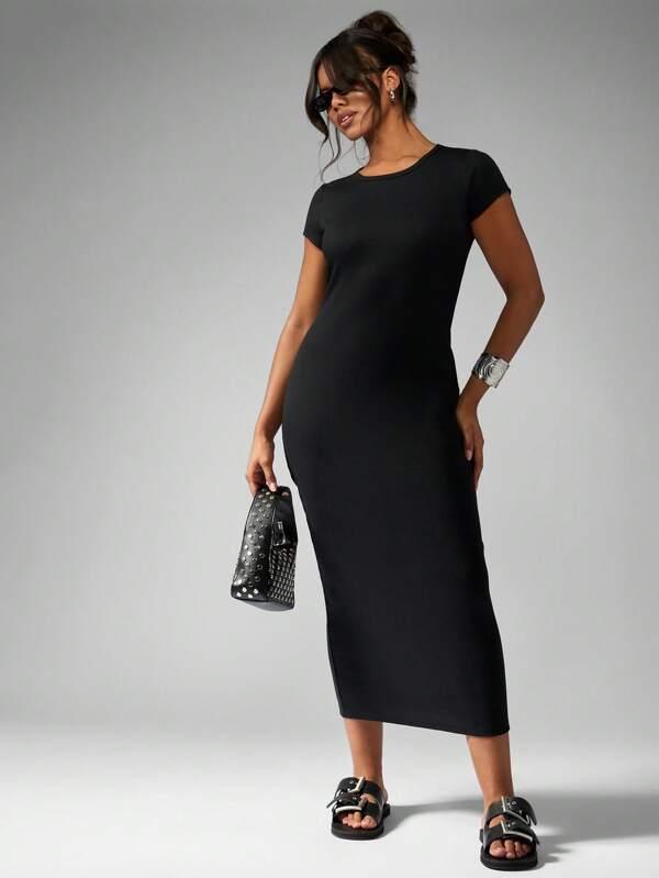 MISSGUIDED Ribbed Crew Neck Bodycon Midaxi T-Shirt Dress Form Fitting Fall Winter Casual Basic Essential Long Dress Stretchy Office Workwear