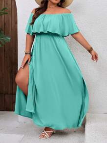 SHEIN VCAY Vestido con volantes sin hombros para vacaciones de talla grande - Azul menta - Ver 5