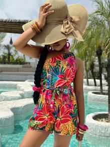 Tween Girl 热带印花度假连体衣，适合海滩和海边，母子搭配服装（2 件单独出售）