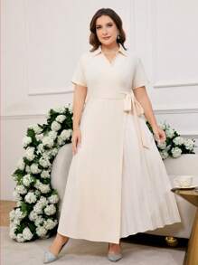 SHEIN Clasi Plus Size Casual Elegant Side Pleats Ruched Hem Tie-Wrap Dress,Elegant Apricot Color Dress Suitable For Wedding Party And Summer Beautiful Dress For Women Dresses For Women Elegant Plus Size Dresses Plus Size Dresses For Women Party Dresses For Women Summer Dresses - Apricot - View 3