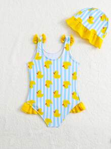 Young Girl Striped Cartoon Duck Print One-Piece Swimsuit With Hat - Multicolor - View 2