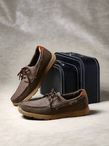 SHUZIA Top Seller Men's Classic Lace-Up Moc Toe Pu Coffee Boat Shoes-Sole Timeless & Comfortable. Spring Shoes Spring Break Easter - Coffee Brown - View 7