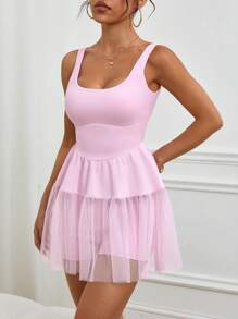 Easithlete Women's Solid Color Mesh Panel Casual Sports Dress For Fitness - Pink - View 6