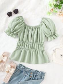 Women's Young Fashion Casual Sweet Style Square Neck Elastic Shoulder Design Ruffle Hem Elasticated Waist Loose Green Bubble Crinkle Short Sleeve Top