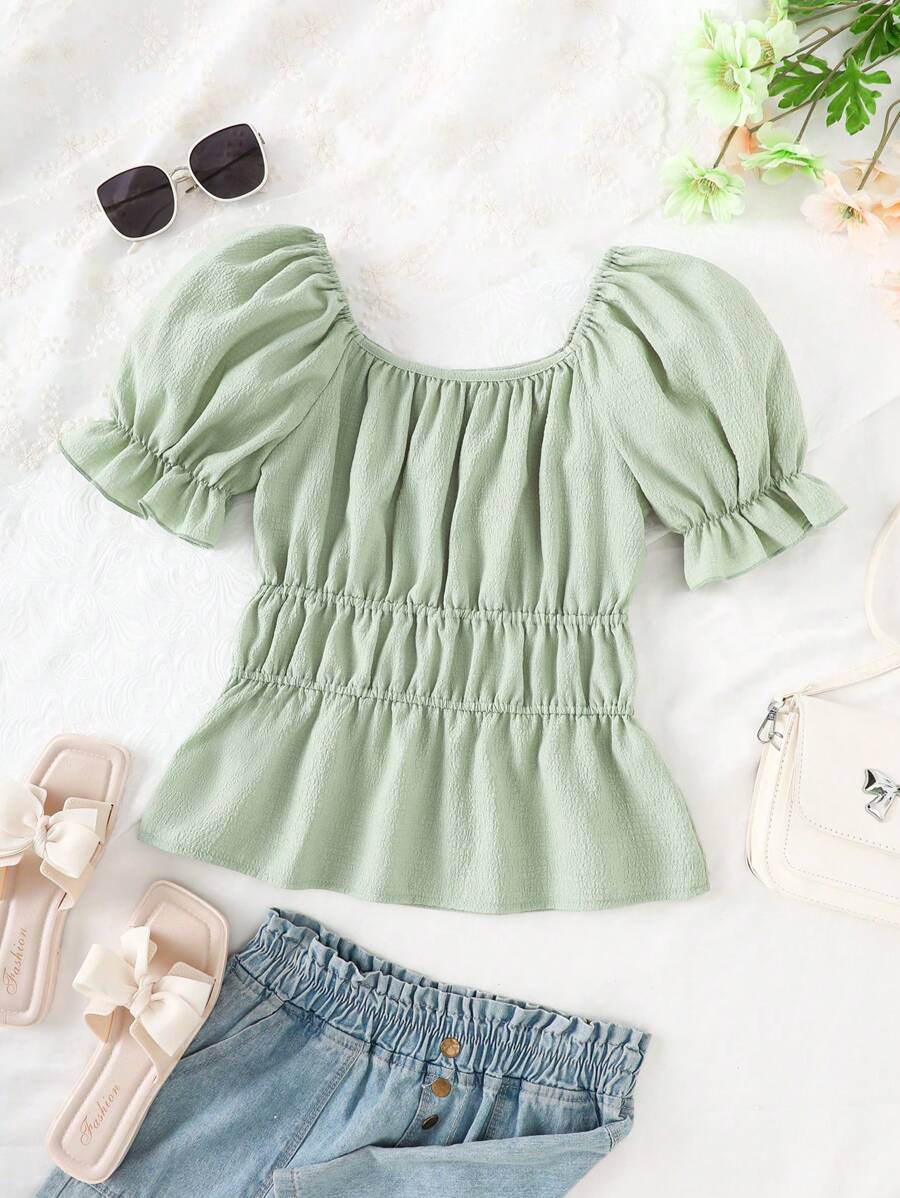 Women's Young Fashion Casual Sweet Style Square Neck Elastic Shoulder Design Ruffle Hem Elasticated Waist Loose Green Bubble Crinkle Short Sleeve Top