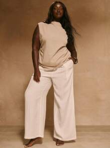 MUSERA Plus High Neck Longline Ruched Sides Top Elegant Classy Holiday Cute Holiday - Grey - View 4