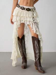 SHEIN PETITE Hippie Cowgirl 90s Ultra Low Waist Lace Tiered Mini Front Long Back Long Skirt Boho - Apricot - View 3