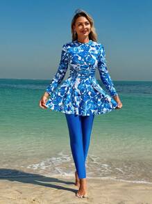Swim Mulvari Two Pieces Floral Print Full Coverage Long Sleeve Maxi Top Plus Solid Color Pants Burkini Swimwear Set Women's Swimwear For Summer Beach Vacation - Blue - View 6