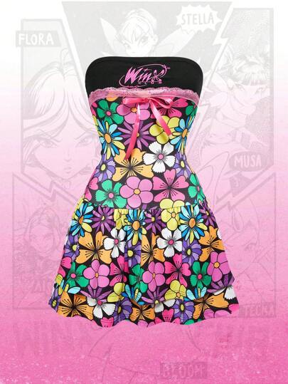 Winx Club X ROMWE Women's Colorblock Contrast Lace Floral Print Ruffled Hem Tube Dress