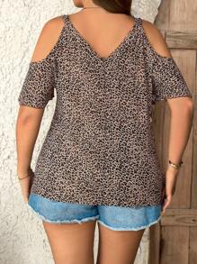 SHEIN LUNE Plus Size Women Leopard Print Open Shoulder Short Sleeve Casual T-Shirt Summer Tops  Vacation Outfits Woman  Cheetah Print