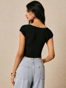 Poéselle 女士方领纯色 T 恤，夏季时尚 - 黑色 - 查看 7