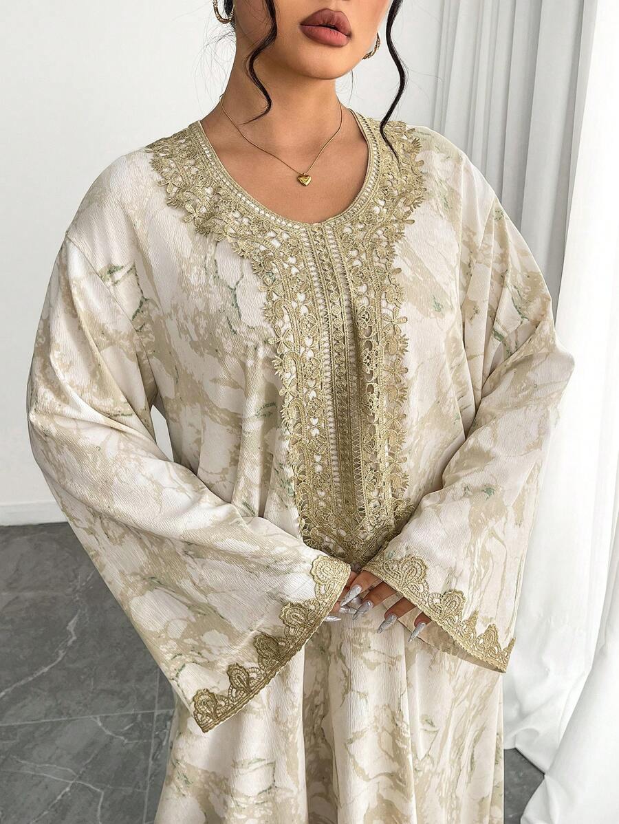 Al Najma Plus Size Women's Elegant Bell Sleeve Turkish & Arabian Traditional Maxi Dress, Modest Kaftan - Beige - View 1