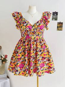 Soleia Plus Size V-Neck Gathered Waist A-Line Mini Dress With Overlapped Front & Flutter Sleeves, Floral Print Vacation Style