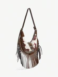 SHEIN ICON Ladies, Women Shoulder Bag, Hobo Bag, Fashionable, Personalized, Simple, Versatile, Street, Sweet And Cool Girls, Hot Girls, Y2k, Retro, Rivets, Vintage, Tassels, Cow Print, Western Style, Bohemian Style, Music Festival, Teenagers, Perfect For Rodeo Occasion, Animal Print Women Bag, 2000s Fashion Style Bag For Women, Vintage Bag For Women - Brown - View 3