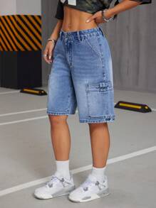 SHEIN ICON Bermuda di jeans cargo con tasche grandi e vita bassa