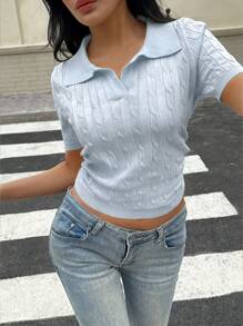 Flirla 女式纯色 Polo 领短袖扭纹针织衬衫（夏季） - 淺藍色 - 查看 5
