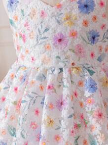 SHEIN Glamorique Kids 女婴花卉印花连衣裙，带刺绣缎面蝴蝶结，V 领无袖公主裙，适合复活节派对 - 彩色 - 查看 3