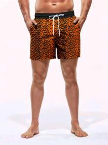 Surfspeed Men's Leopard Print Drawstring Waist Beach Shorts - Orange - View 4