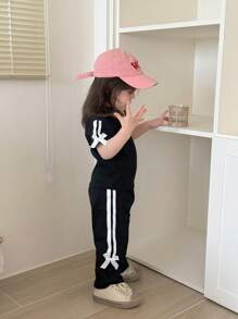SHEIN 2件套女婴0-3岁休闲百搭街头风黑色T恤和裤子套装 - 黑色 - 查看 6