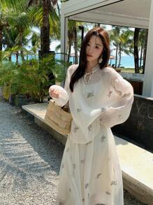 DAZY 2 件套女士春夏休闲假日优雅印花衬衫和连衣裙套装