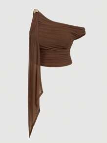 SHEIN MOD Plus Size Brown One Shoulder Strap Metal Buckle Decor Cropped Top,Brown Asymmetric Vintage Metal Decor Ruffle 70s Tank Top, Western Style, Renaissance - Brown - View 1