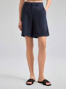 Ontre Women 2 Pieces Suit Set: Blazer Jacket And Shorts, Casual Urban Commuter Wear, Utility Style, Minimalist, Unisex - Navy Blue - View 7